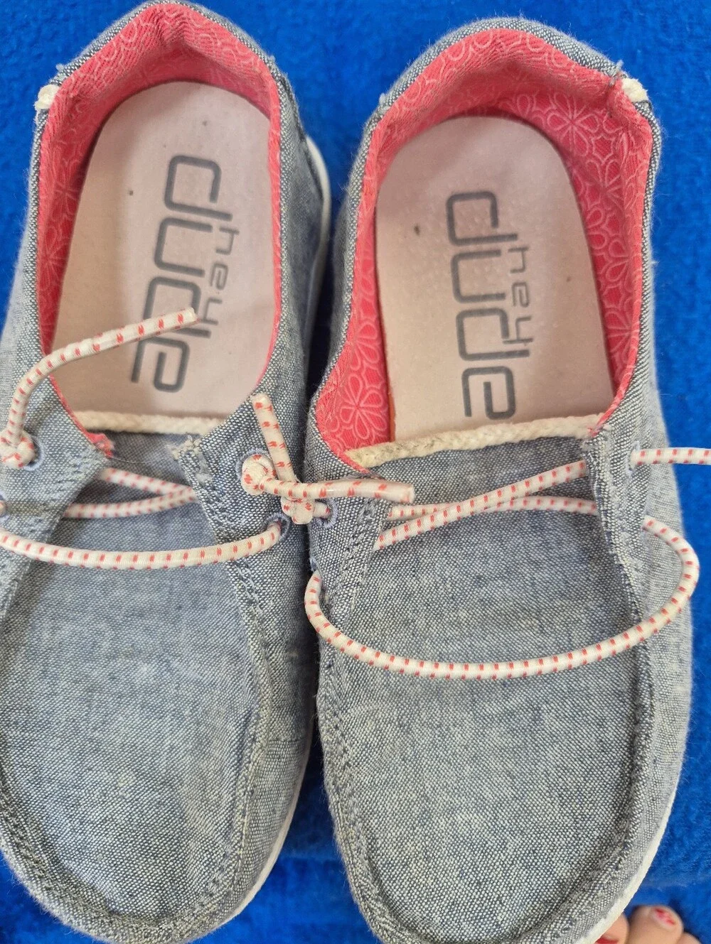 Hey Dude Wendy Chambray Youth Size 12 Kids Grey Pink Chambray EUC